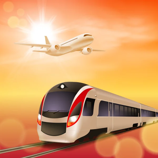 High-speed train and airplane in the sky. Sunset time. — Stock Vector