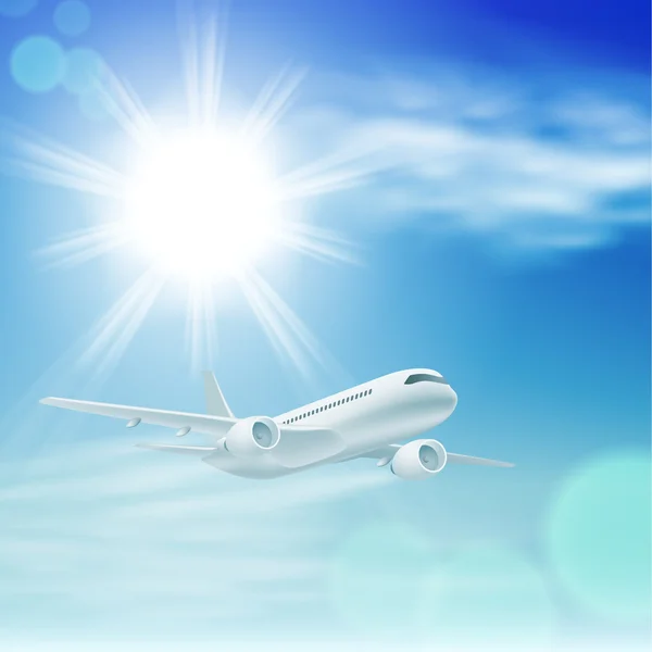 Illustration eines Flugzeugs am Himmel mit Sonne — Stockvektor