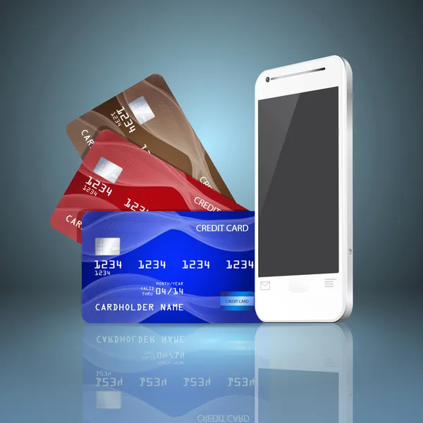 Handy mit Kreditkarten auf grauem Hintergrund. Mobile Zahlstellen — Stockvektor