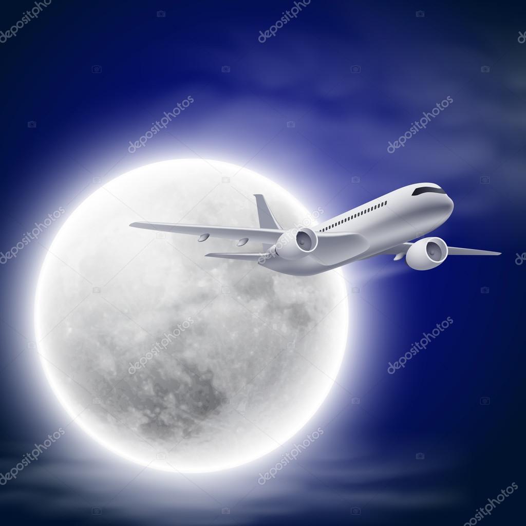 Airplane in the night sky with moon.