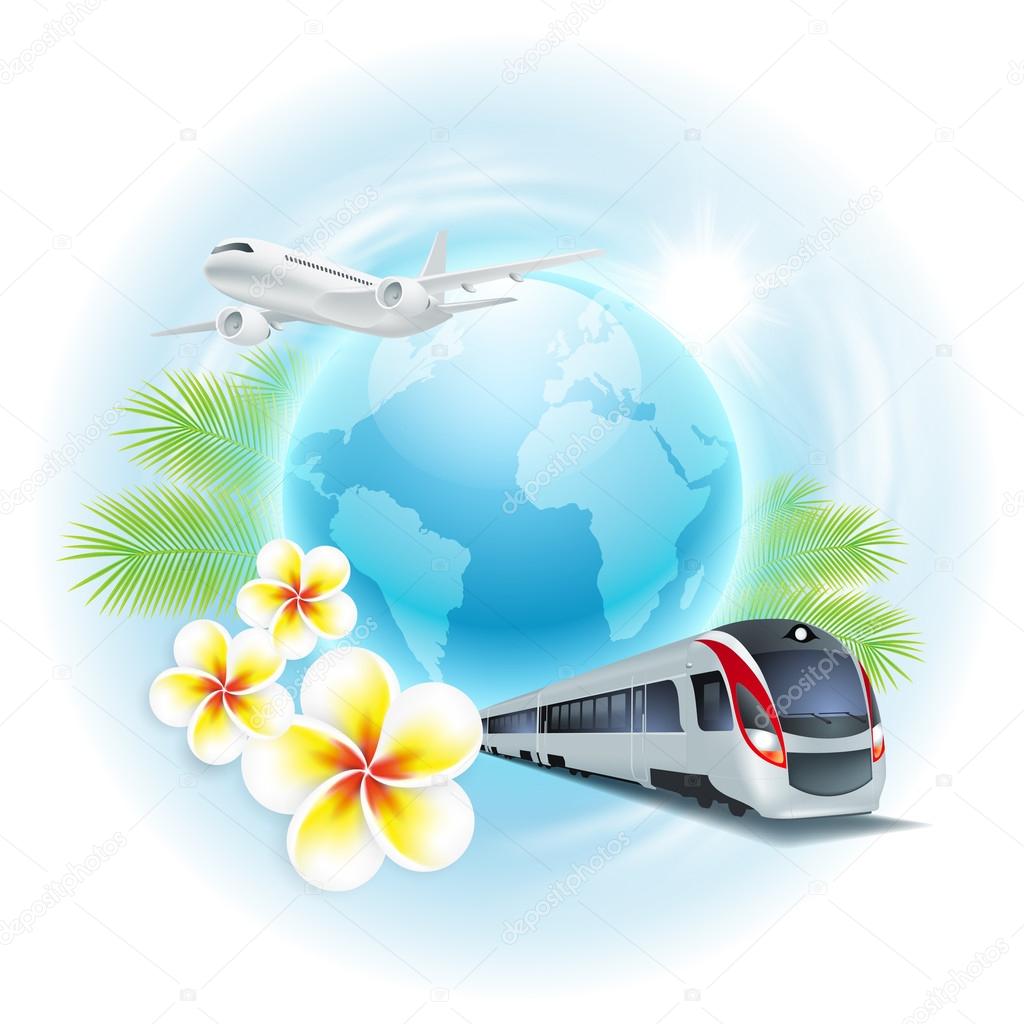 Concept travel illustration with airplane, train, globe, flowers and palm leaves