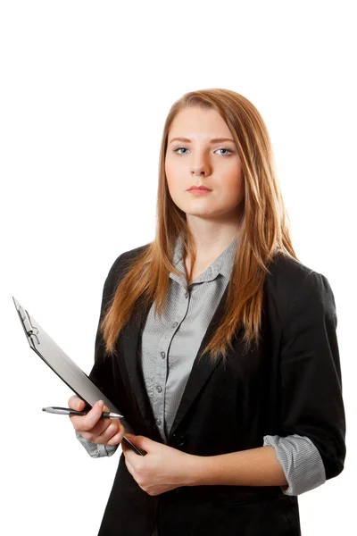 Mujer de negocios sostiene portapapeles — Foto de Stock