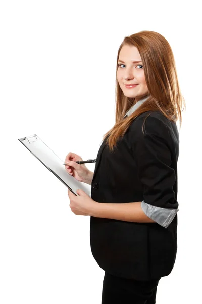 Business woman holds clipboard Stock Picture