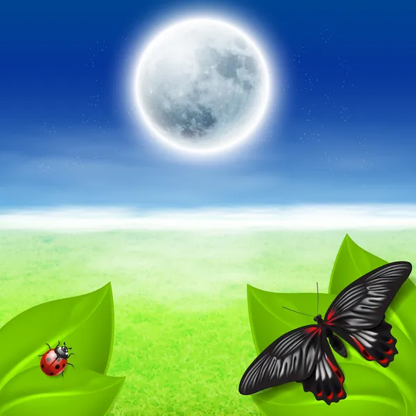 Luna llena, hierba verde e insectos — Vector de stock