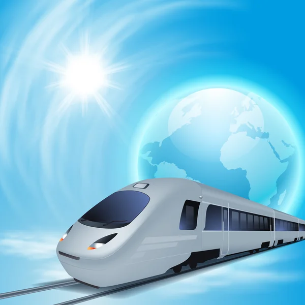 Yüksek hızlı tren, globe ve sun ile kavram arka plan. — Stok Vektör