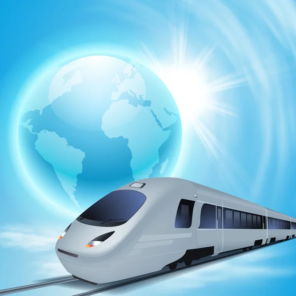 Concept background with high-speed train, the globe and sun. — Stock Vector