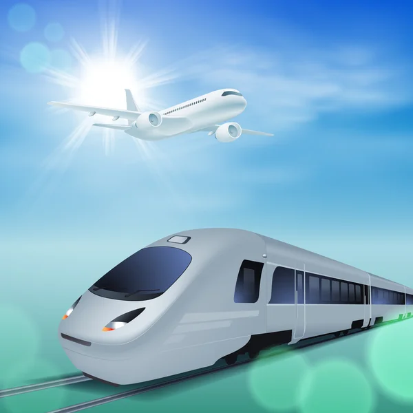 High-speed train and airplane in the sky. Sunny day. — Stock Vector