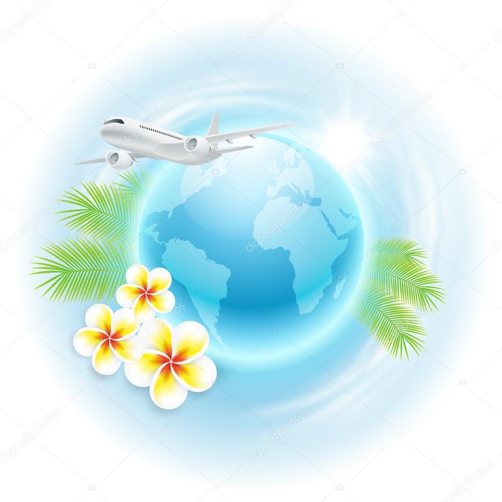 Concept travel illustration with airplane, globe, flowers and pa