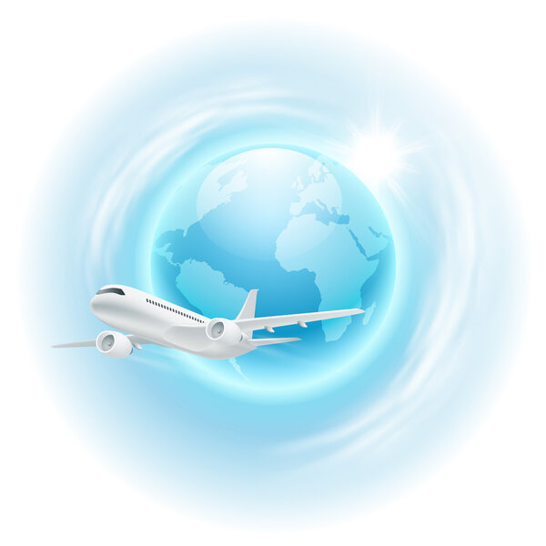Иллюстрация самолета в небе с глобусом
