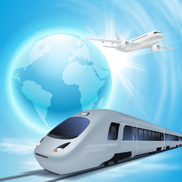 Высокоскоростной поезд и самолет в небе
