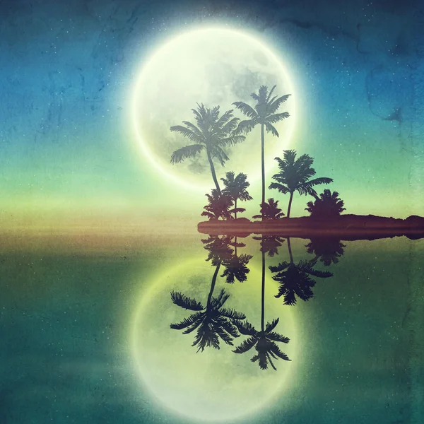 Mar con isla con palmeras y luna llena por la noche . —  Fotos de Stock
