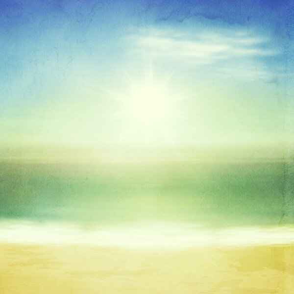 Beach and tropical sea with bright sun. Retro style with old textured paper.
