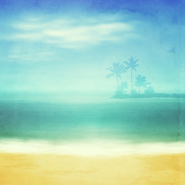 Beach and tropical sea with island and palm trees. — Stock Photo, Image