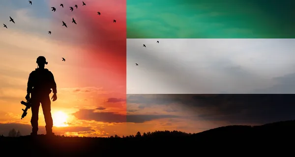Silhouette Dei Solidali Contro Bandiera Degli Emirati Arabi Uniti Concetto — Foto Stock