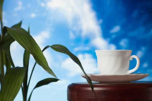 Taza blanca de café o té con vapor sobre una mesa de madera sobre un fondo de cielo azul —  Fotos de Stock