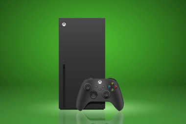 MOSCOW, RUSSIA - 20 Aralık 2021: Microsoft Xbox ve kablosuz oyun platformu, Xbox X veya Xbox 2 oyun konsolu beyaz arkaplanda izole edildi. Basit gradyanlı EPS10 vektörü.