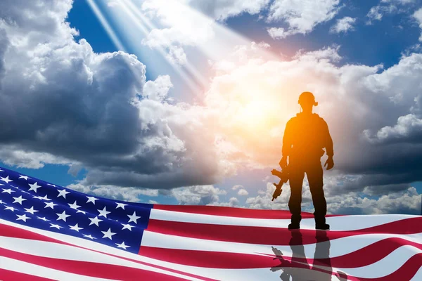 Usa Army Soldier Nation Flag Background Blue Cloudy Sky Greeting — Stock Photo, Image