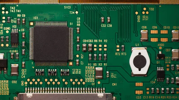 Foto Macro Uma Placa Circuito Impresso Computador Verde Com Foco — Fotografia de Stock