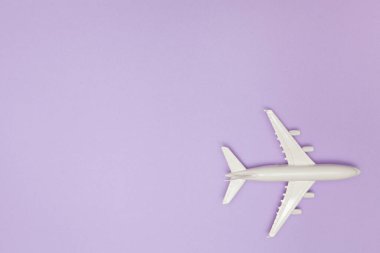 Uçak modeli. Mor arka planda beyaz bir uçak. Seyahat tatili konsepti. Yaz dönemi. Düz konum, üst görünüm, kopyalama alanı.