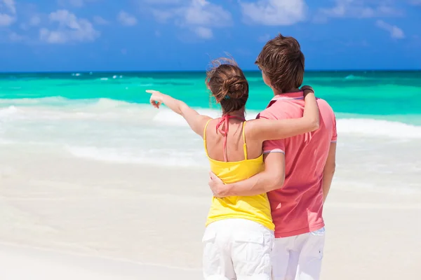 Visão traseira do casal de mãos dadas e apontando para o horizonte na praia tropical — Fotografia de Stock