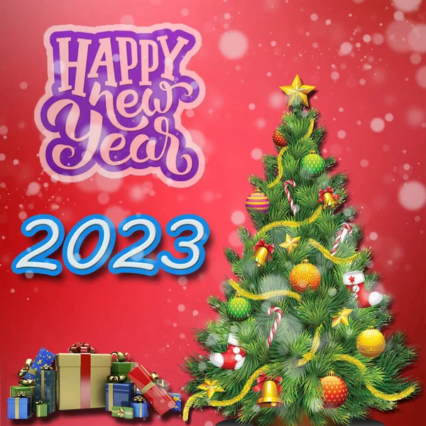 圣诞树是用玻璃球做成的 数字2023是红色背景上的蜡烛做成的 上面有金星的亮片 圣诞背景 复制空间 喜庆心情 — 图库照片
