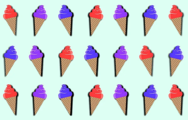 Ice cream cone, including blue, red and purple, in an orange waffle cone, on a turquoise background, seamless pattern