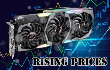 Video card, graphics processor with energy efficiency chart, 3D rendering against the background of a price growth chart