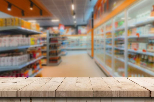 Empty Wood Table Top Shelf Supermarket Blurred Background — Stock Photo, Image