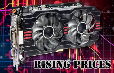 Video card on graphic background close-up rise and fall in price illustration