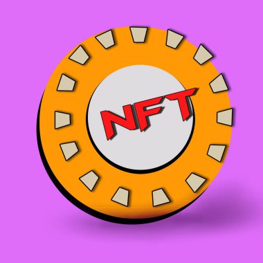 orange chip with a red inscription non-fungible token on a pink background