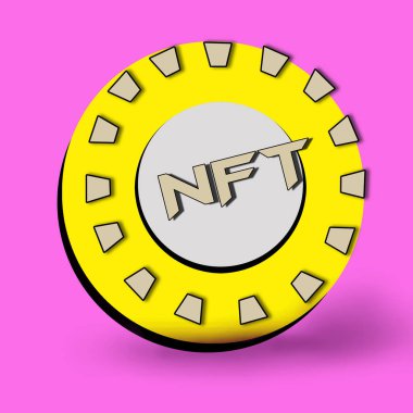 Yellow Non-fungible token poker chip icon isolated on pink background. The concept of minimalism. 3d illustration 3d rendering