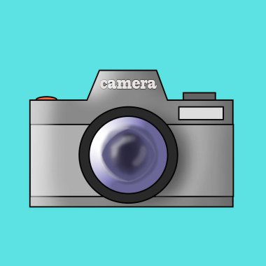 a camera with an old-style lens with the inscription camera illustration on a turquoise background