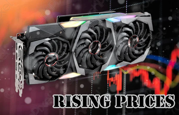 Bitcoins creation using video cards, Digital currency or cryptocurrency mining and graphic of prices rising for video cards
