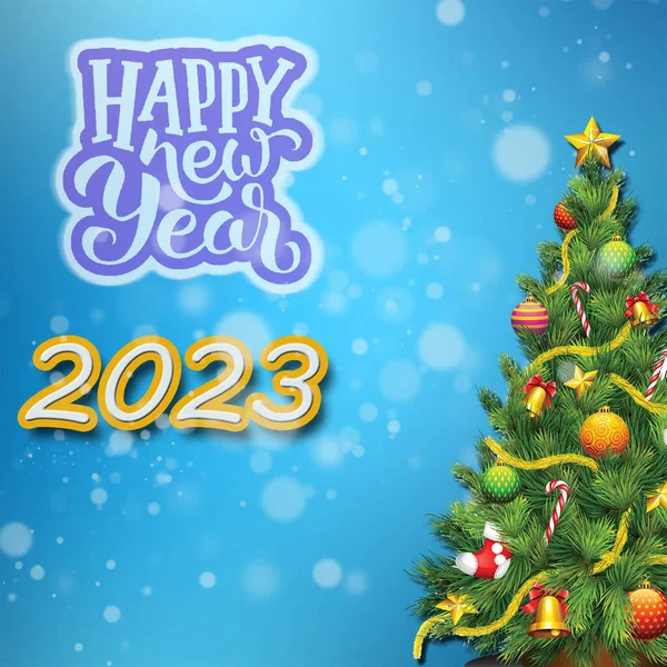 2023 Πρότυπο Κάρτα Πρωτοχρονιάς Χρυσό Αριθμούς Και Κλαδιά Πεύκου Γαλάζιο — Φωτογραφία Αρχείου