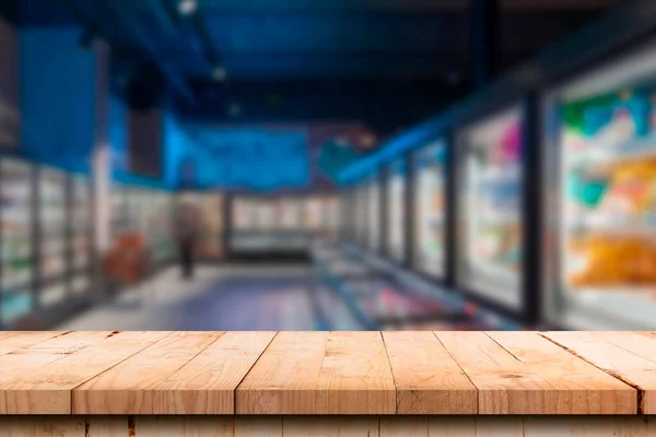 Empty Wooden Table Top Blurred Market Fruits Can Mount Display — Stock Photo, Image