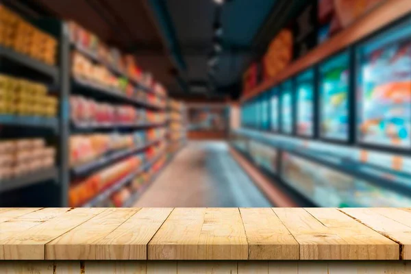 Empty Wooden Table Top Blurred Market Fruits Can Mount Display — Stock Photo, Image