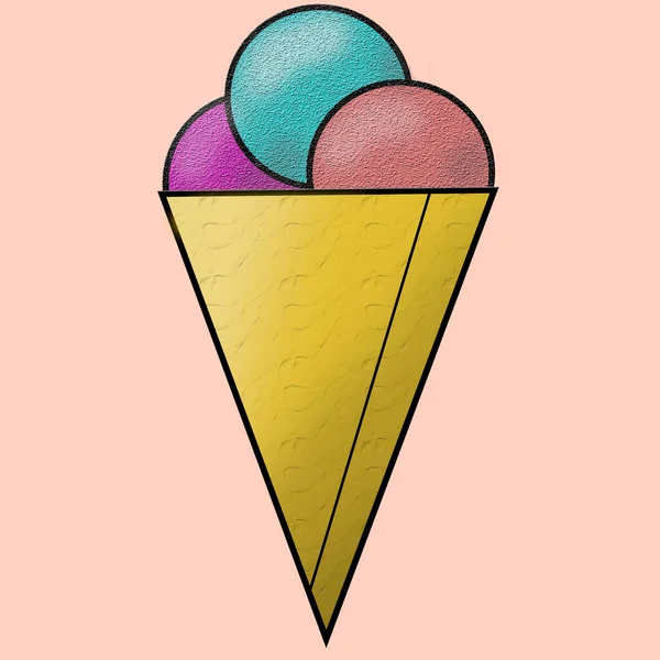 Pink Background Ice Cream Cone Three Multi Colored Balls — Zdjęcie stockowe