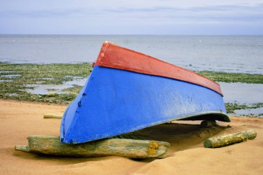 A blue-red boat lies upside down on logs on the sandy seashore.