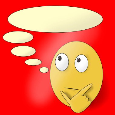 High-detailed emoticons in a red 3D speech bubble, Thinking emoticon on a red background with a footnote