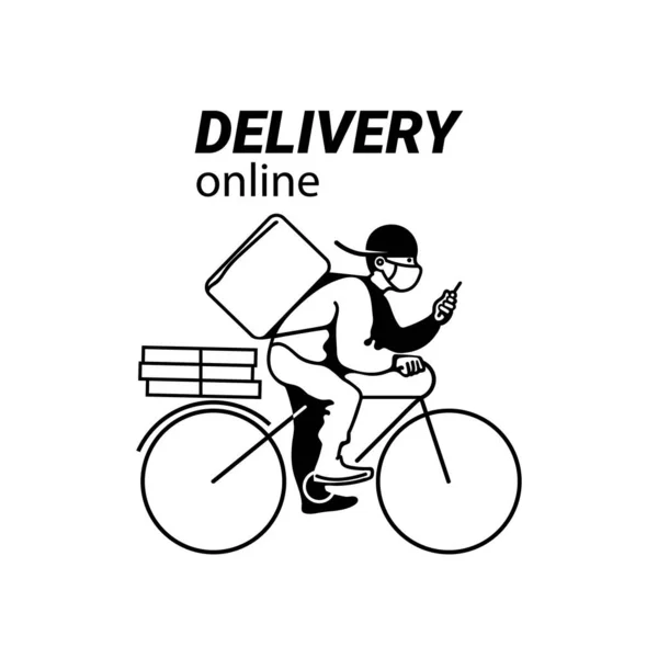 Delivery Man Face Mask Bike Courier Bicycle Parcel Box Checking — Stock Vector