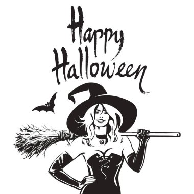 Halloween beautiful sexy witch holding broomstick in sketch style. Pretty young woman in witches hat with magic broom. Happy Halloween text. Hand drawn vector illustration.