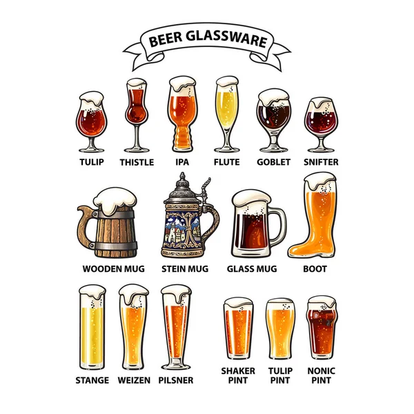 Gran Conjunto Vintage Diferentes Tipos Vasos Cerveza Tazas Guía Cristalería — Vector de stock