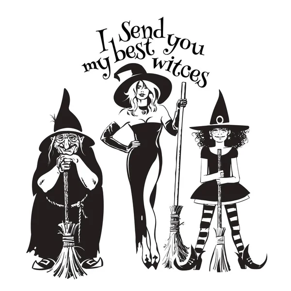 Three Hand Drawn Witches Holding Broom Sticks Ugly Old Witch — Vettoriale Stock