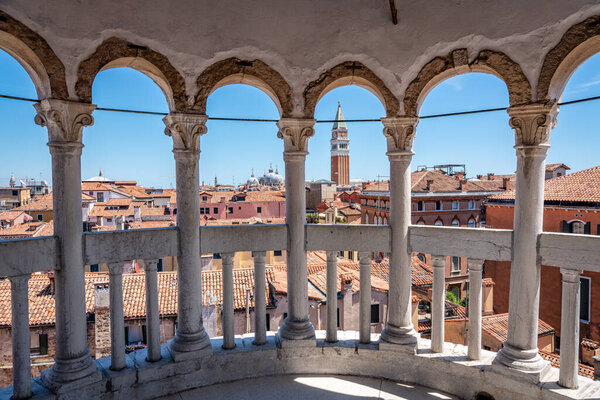 St Mark bell tower from Contarini del Bovolo stairway. Venice, Veneto, Italy.