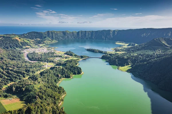 Aerial Lagoa Das Sete Cidades Lagoon Seven Cities Sao Miguel – stockfoto