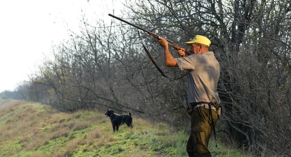 Hombre Cazador Camuflaje Con Arma Durante Caza Busca Aves Silvestres — Foto de Stock