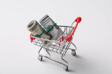 Beyaz arka planda metal bir market sepeti içinde Amerikan banknotları..