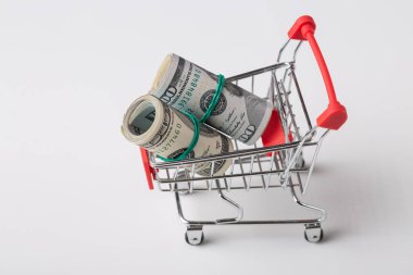 Beyaz arka planda metal bir market sepeti içinde Amerikan banknotları..