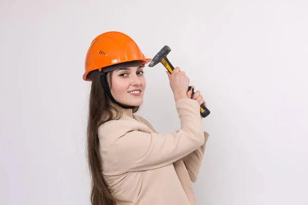 Girl Engineer Orange Construction Helmet Hammer White Background — Stock Photo, Image