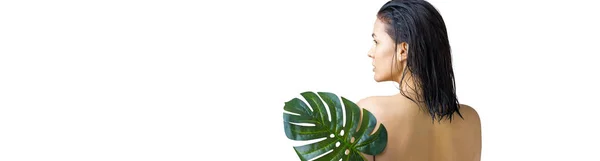 Beauty Woman Natural Green Palm Leaf Portrait Natural Female Primordial — Stock Photo, Image